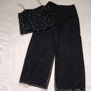 2 piece Set co-ords sequins beads wide leg high waist pants + silk cami top crop